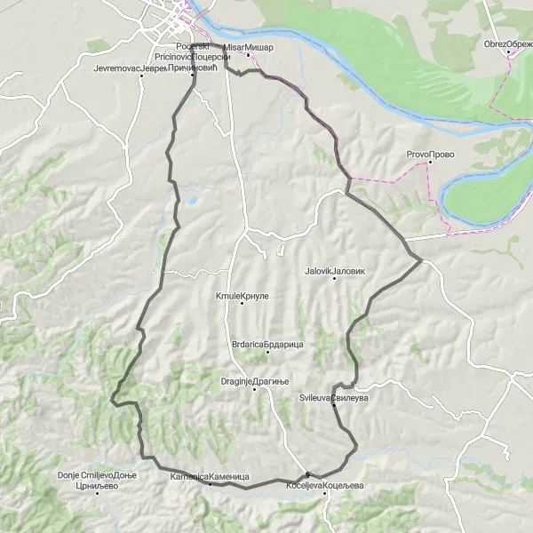 Map miniature of "Sumadija Castle Loop" cycling inspiration in Region Šumadije i Zapadne Srbije, Serbia. Generated by Tarmacs.app cycling route planner