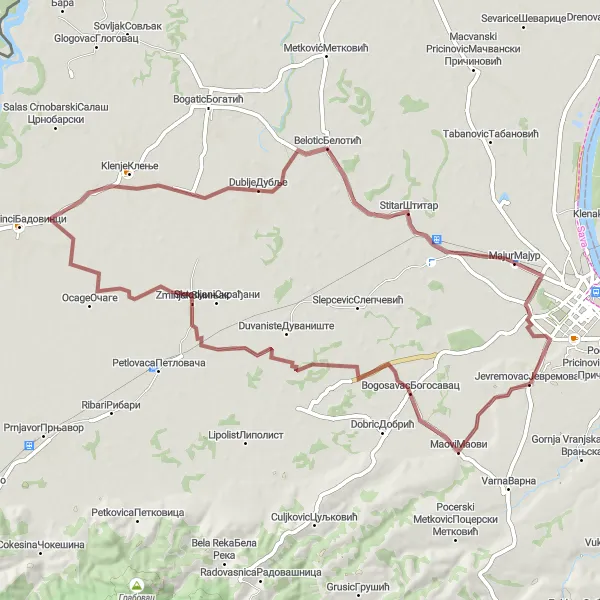 Map miniature of "Maovi Gravel Loop" cycling inspiration in Region Šumadije i Zapadne Srbije, Serbia. Generated by Tarmacs.app cycling route planner