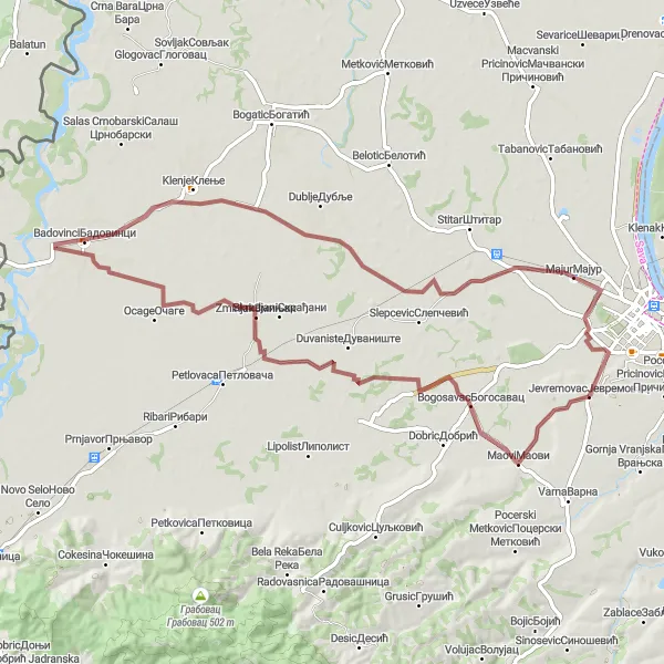 Map miniature of "Gravel route from Jevremovac to Maovi" cycling inspiration in Region Šumadije i Zapadne Srbije, Serbia. Generated by Tarmacs.app cycling route planner