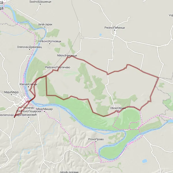Map miniature of "Nikinci Gravel Adventure" cycling inspiration in Region Šumadije i Zapadne Srbije, Serbia. Generated by Tarmacs.app cycling route planner