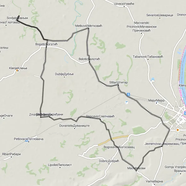 Map miniature of "Road route from Jevremovac to Maovi (Shorter Version)" cycling inspiration in Region Šumadije i Zapadne Srbije, Serbia. Generated by Tarmacs.app cycling route planner