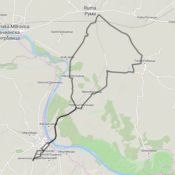 Map miniature of "Road route from Jevremovac to Šabac" cycling inspiration in Region Šumadije i Zapadne Srbije, Serbia. Generated by Tarmacs.app cycling route planner