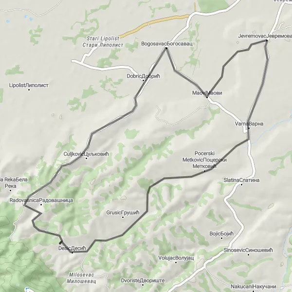 Map miniature of "Pocerski Metkovic Loop" cycling inspiration in Region Šumadije i Zapadne Srbije, Serbia. Generated by Tarmacs.app cycling route planner