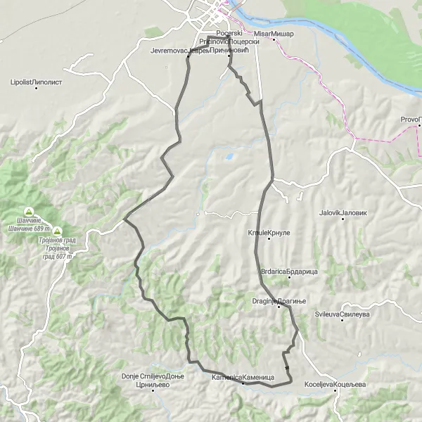 Map miniature of "Golocelo Adventure" cycling inspiration in Region Šumadije i Zapadne Srbije, Serbia. Generated by Tarmacs.app cycling route planner