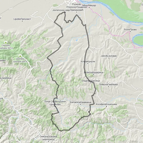 Map miniature of "Challenging road route through Slatina" cycling inspiration in Region Šumadije i Zapadne Srbije, Serbia. Generated by Tarmacs.app cycling route planner