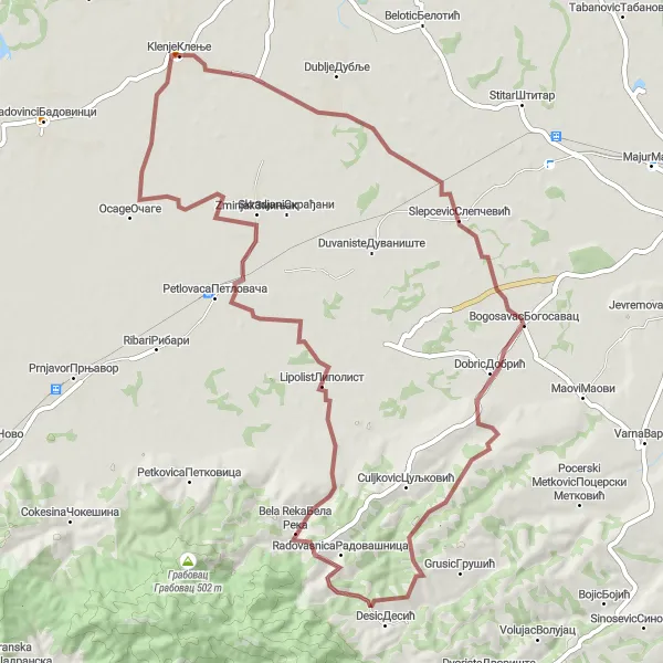 Map miniature of "Šumadija Gravel Adventure" cycling inspiration in Region Šumadije i Zapadne Srbije, Serbia. Generated by Tarmacs.app cycling route planner