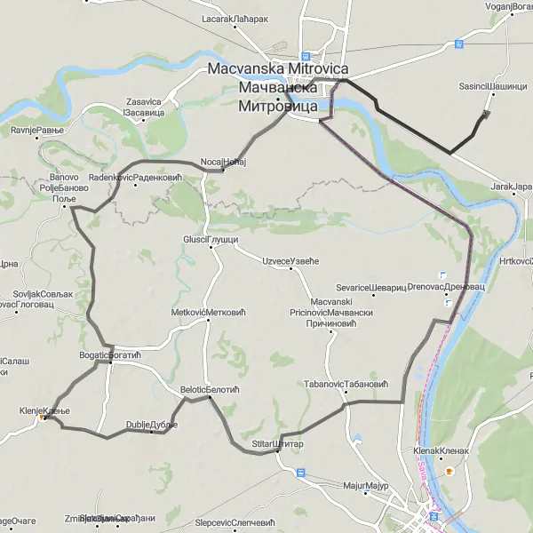 Map miniature of "Sava River Discovery" cycling inspiration in Region Šumadije i Zapadne Srbije, Serbia. Generated by Tarmacs.app cycling route planner