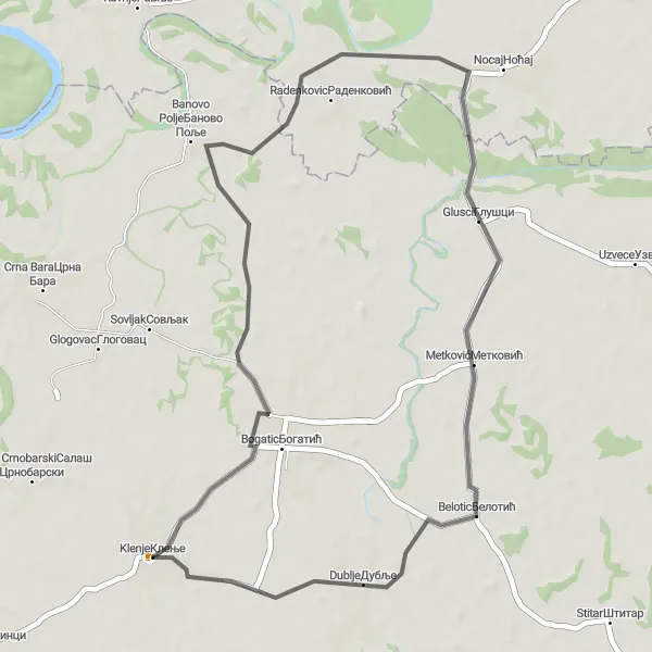 Map miniature of "Klenje Loop" cycling inspiration in Region Šumadije i Zapadne Srbije, Serbia. Generated by Tarmacs.app cycling route planner