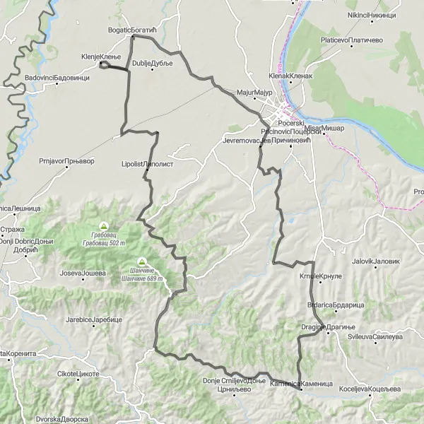 Map miniature of "Golocelo Hills Challenge" cycling inspiration in Region Šumadije i Zapadne Srbije, Serbia. Generated by Tarmacs.app cycling route planner