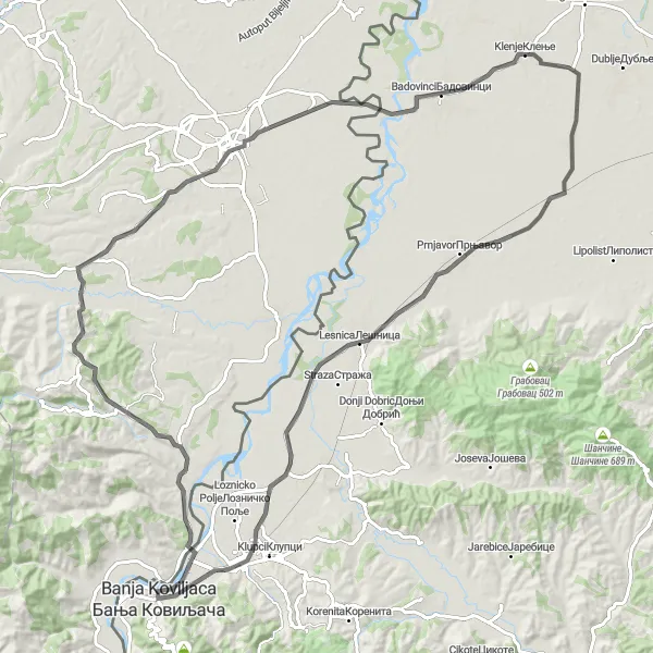 Map miniature of "Rugged Hills and Historic Delights" cycling inspiration in Region Šumadije i Zapadne Srbije, Serbia. Generated by Tarmacs.app cycling route planner