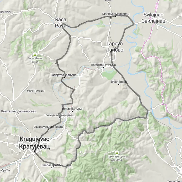 Map miniature of "Kragujevac to Bagrdan Loop" cycling inspiration in Region Šumadije i Zapadne Srbije, Serbia. Generated by Tarmacs.app cycling route planner