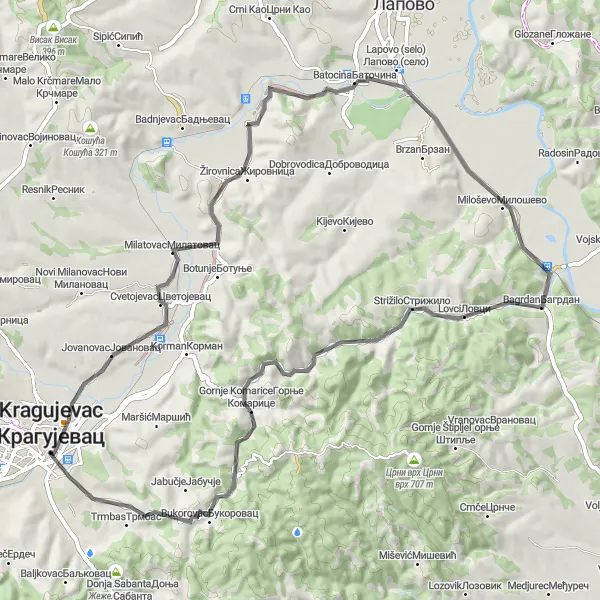 Map miniature of "Šumadian Dunes" cycling inspiration in Region Šumadije i Zapadne Srbije, Serbia. Generated by Tarmacs.app cycling route planner