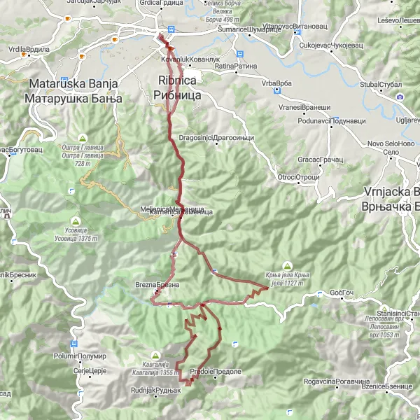 Map miniature of "Gravel Adventure through Scenic Landscapes" cycling inspiration in Region Šumadije i Zapadne Srbije, Serbia. Generated by Tarmacs.app cycling route planner