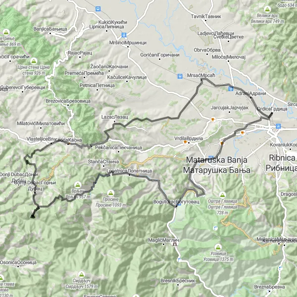 Map miniature of "Kraljevo-Konarevo-Bogutovac-Бела Стена-Adrani-Kraljevo" cycling inspiration in Region Šumadije i Zapadne Srbije, Serbia. Generated by Tarmacs.app cycling route planner