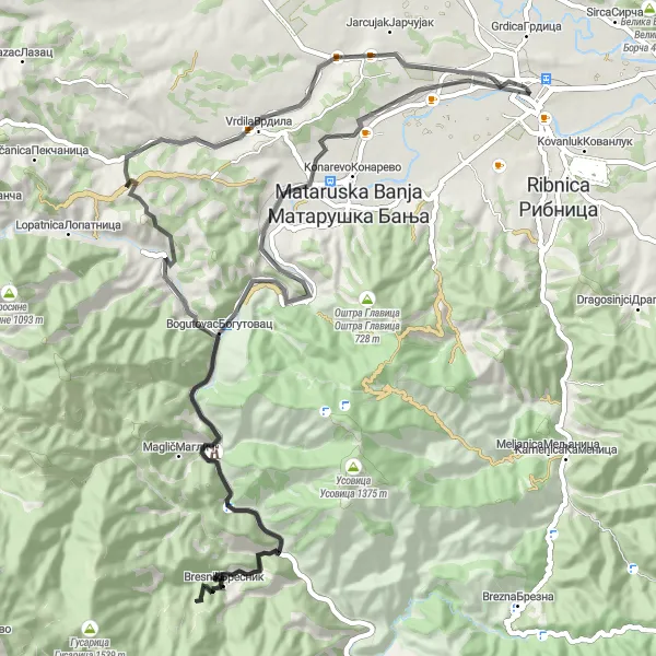 Map miniature of "Kraljevo-Roćevići-Maglič-Oрљујак-Bogutovac-Kraljevo" cycling inspiration in Region Šumadije i Zapadne Srbije, Serbia. Generated by Tarmacs.app cycling route planner