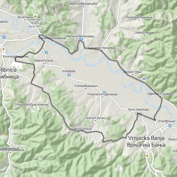 Map miniature of "The Foresty Trail" cycling inspiration in Region Šumadije i Zapadne Srbije, Serbia. Generated by Tarmacs.app cycling route planner