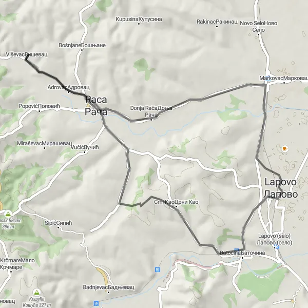 Map miniature of "Trska and Donja Rača Loop" cycling inspiration in Region Šumadije i Zapadne Srbije, Serbia. Generated by Tarmacs.app cycling route planner