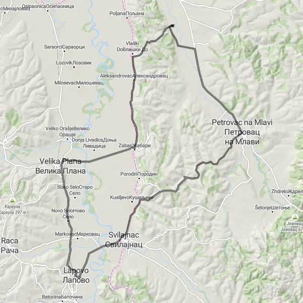 Map miniature of "Velika Plana Adventure" cycling inspiration in Region Šumadije i Zapadne Srbije, Serbia. Generated by Tarmacs.app cycling route planner
