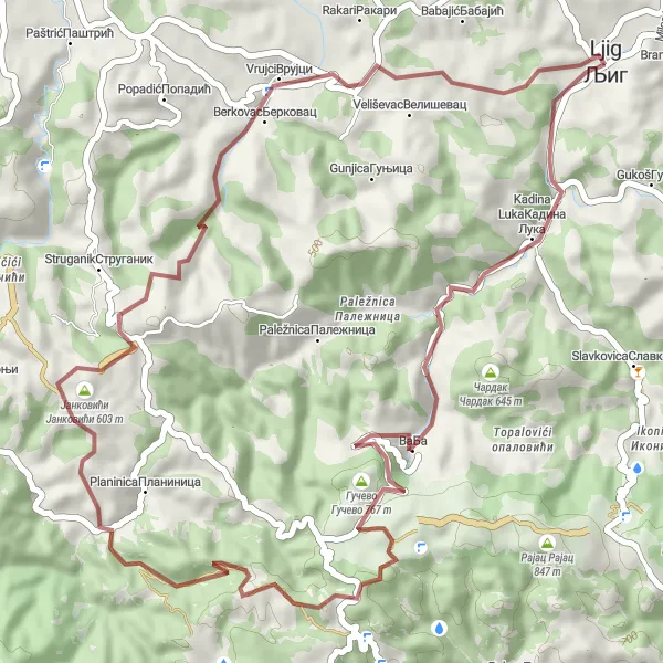 Map miniature of "Rujevac Gravel Adventure" cycling inspiration in Region Šumadije i Zapadne Srbije, Serbia. Generated by Tarmacs.app cycling route planner