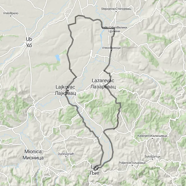 Map miniature of "Bogovadja Loop Road Cycling Route" cycling inspiration in Region Šumadije i Zapadne Srbije, Serbia. Generated by Tarmacs.app cycling route planner