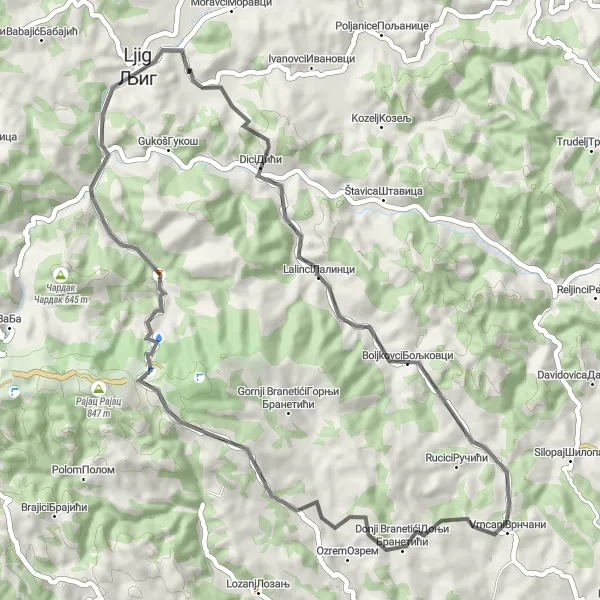 Map miniature of "Ljig to Branchic Road Cycling Route" cycling inspiration in Region Šumadije i Zapadne Srbije, Serbia. Generated by Tarmacs.app cycling route planner