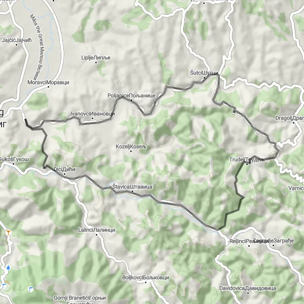 Map miniature of "Exploring the Jela Forest on a Road Bike" cycling inspiration in Region Šumadije i Zapadne Srbije, Serbia. Generated by Tarmacs.app cycling route planner