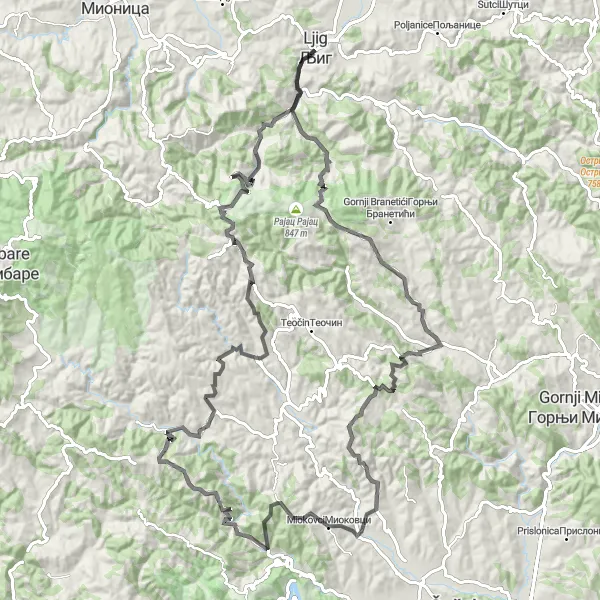 Map miniature of "The Pinch of Adventure" cycling inspiration in Region Šumadije i Zapadne Srbije, Serbia. Generated by Tarmacs.app cycling route planner