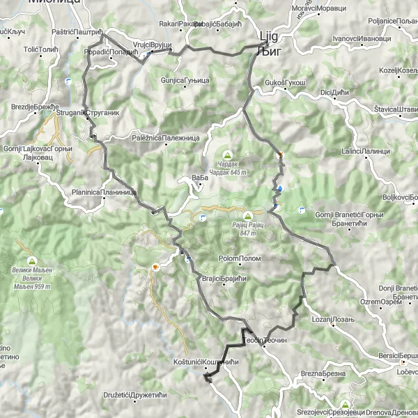 Map miniature of "Discovering the Beauty of Western Serbia" cycling inspiration in Region Šumadije i Zapadne Srbije, Serbia. Generated by Tarmacs.app cycling route planner