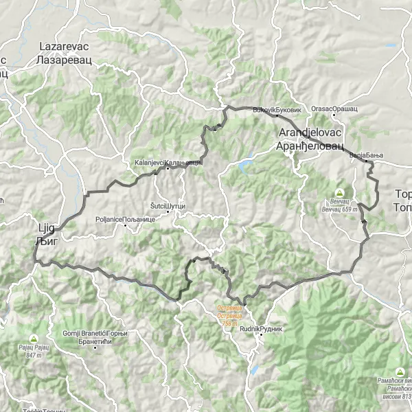 Map miniature of "Ljig to Gukoš Road Cycling Route" cycling inspiration in Region Šumadije i Zapadne Srbije, Serbia. Generated by Tarmacs.app cycling route planner