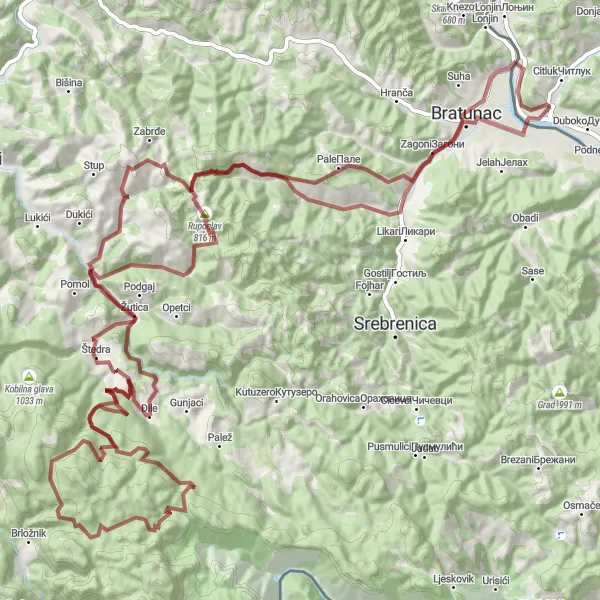 Map miniature of "Scenic Gravel Adventure to Rupoglav" cycling inspiration in Region Šumadije i Zapadne Srbije, Serbia. Generated by Tarmacs.app cycling route planner