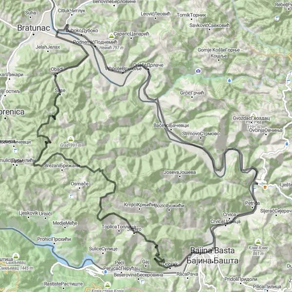 Map miniature of "Ljubovija Loop" cycling inspiration in Region Šumadije i Zapadne Srbije, Serbia. Generated by Tarmacs.app cycling route planner