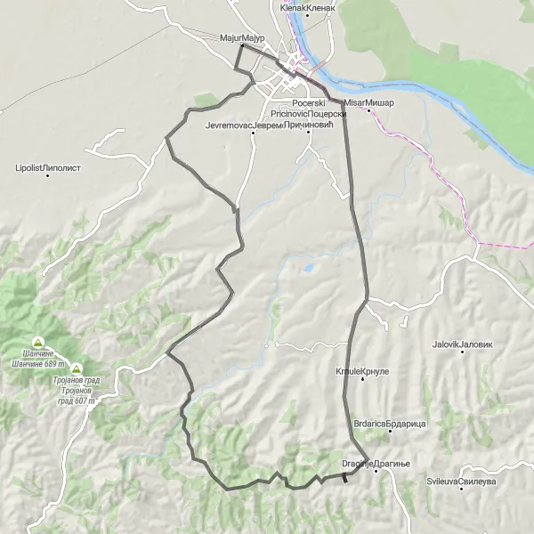 Map miniature of "Exploring the Hills of Šumadije" cycling inspiration in Region Šumadije i Zapadne Srbije, Serbia. Generated by Tarmacs.app cycling route planner