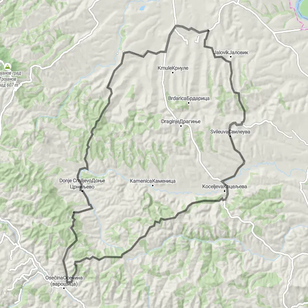 Map miniature of "Osečina and mountain villages" cycling inspiration in Region Šumadije i Zapadne Srbije, Serbia. Generated by Tarmacs.app cycling route planner