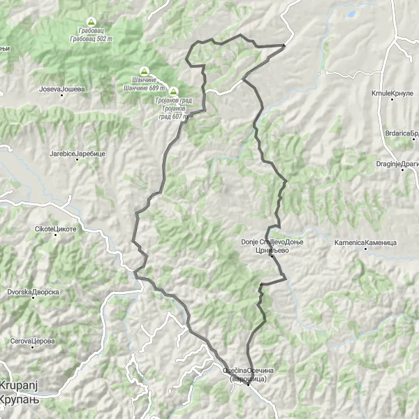 Map miniature of "Biker's Paradise" cycling inspiration in Region Šumadije i Zapadne Srbije, Serbia. Generated by Tarmacs.app cycling route planner