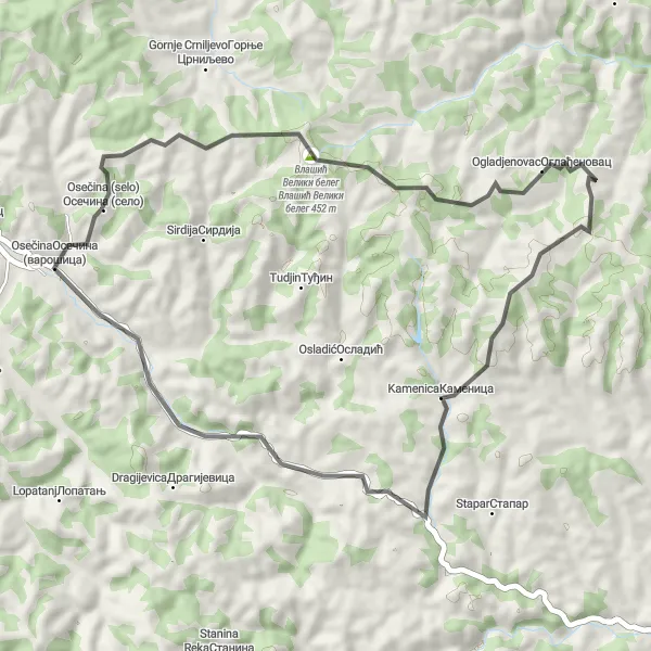 Map miniature of "Scenic Serenity" cycling inspiration in Region Šumadije i Zapadne Srbije, Serbia. Generated by Tarmacs.app cycling route planner