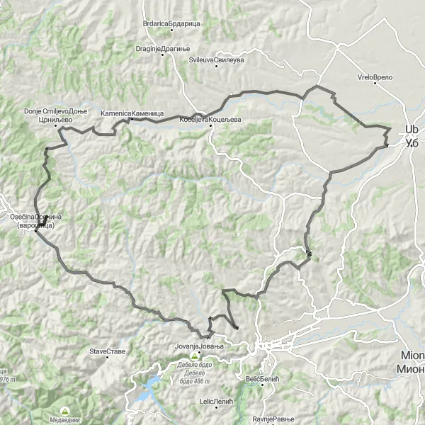 Map miniature of "Mountain adventure from Osečina" cycling inspiration in Region Šumadije i Zapadne Srbije, Serbia. Generated by Tarmacs.app cycling route planner