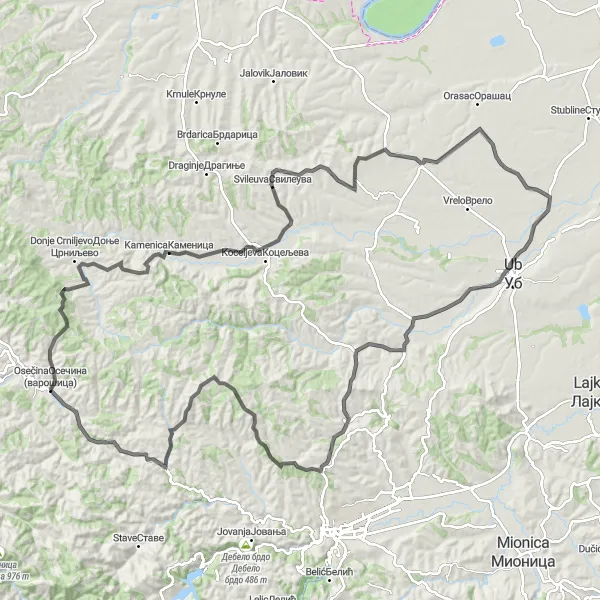Map miniature of "Exploring Osečina and its surrounding nature" cycling inspiration in Region Šumadije i Zapadne Srbije, Serbia. Generated by Tarmacs.app cycling route planner