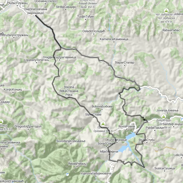Map miniature of "Scenic tour around Osečina" cycling inspiration in Region Šumadije i Zapadne Srbije, Serbia. Generated by Tarmacs.app cycling route planner