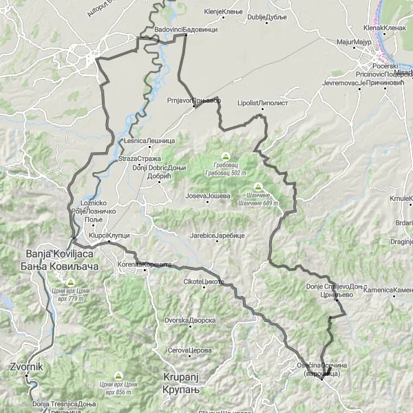 Map miniature of "Osečina Loop" cycling inspiration in Region Šumadije i Zapadne Srbije, Serbia. Generated by Tarmacs.app cycling route planner