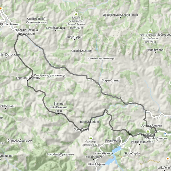 Map miniature of "Mountain Adventure" cycling inspiration in Region Šumadije i Zapadne Srbije, Serbia. Generated by Tarmacs.app cycling route planner