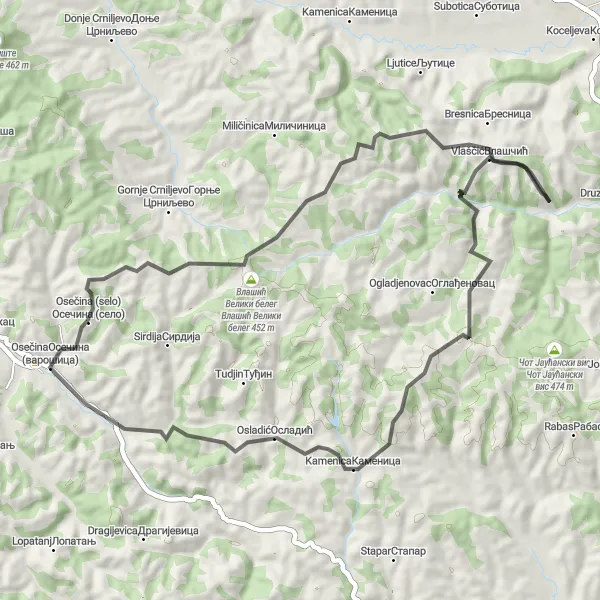 Map miniature of "Osečina and surrounding villages" cycling inspiration in Region Šumadije i Zapadne Srbije, Serbia. Generated by Tarmacs.app cycling route planner