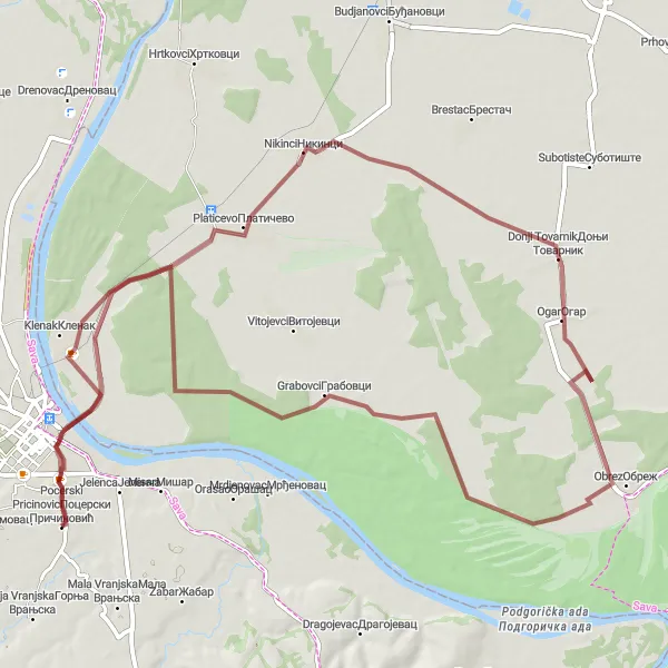 Map miniature of "Off-Road Gravel Ride to Nikinci and Ogar" cycling inspiration in Region Šumadije i Zapadne Srbije, Serbia. Generated by Tarmacs.app cycling route planner