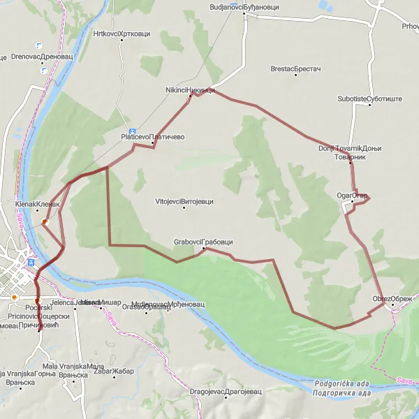 Map miniature of "Pocerski Pricinovic Gravel Adventure" cycling inspiration in Region Šumadije i Zapadne Srbije, Serbia. Generated by Tarmacs.app cycling route planner