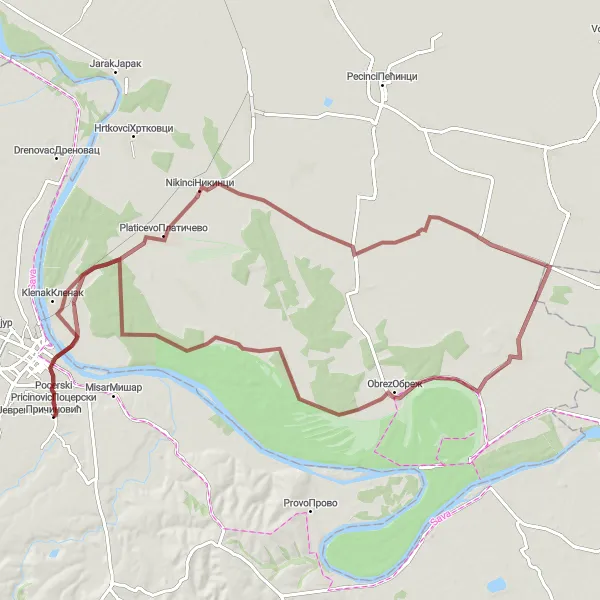 Map miniature of "Uncharted Gravel Adventure to Nikinci and Asanja" cycling inspiration in Region Šumadije i Zapadne Srbije, Serbia. Generated by Tarmacs.app cycling route planner