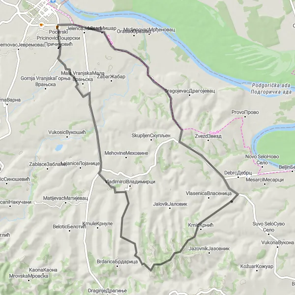 Map miniature of "Pocerski Pricinovic Loop" cycling inspiration in Region Šumadije i Zapadne Srbije, Serbia. Generated by Tarmacs.app cycling route planner