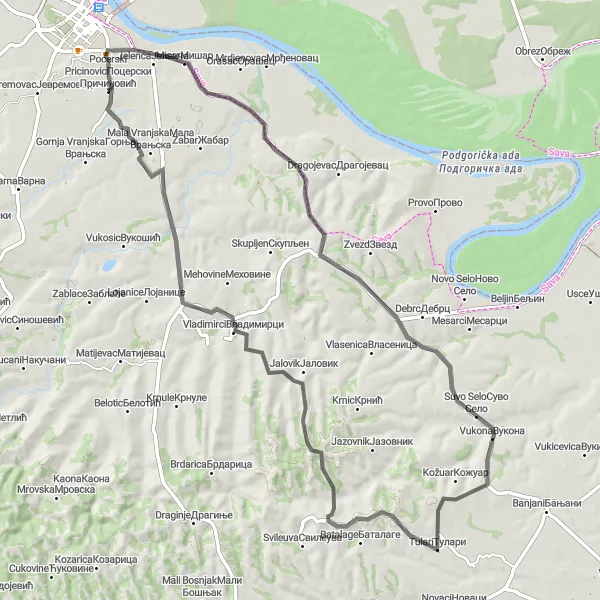 Map miniature of "Climbing Challenge: Pocerski Pricinovic to Vladimirci" cycling inspiration in Region Šumadije i Zapadne Srbije, Serbia. Generated by Tarmacs.app cycling route planner