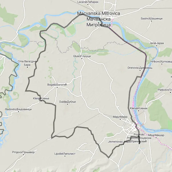 Map miniature of "Pocerski Pricinovic to Šabac Loop" cycling inspiration in Region Šumadije i Zapadne Srbije, Serbia. Generated by Tarmacs.app cycling route planner