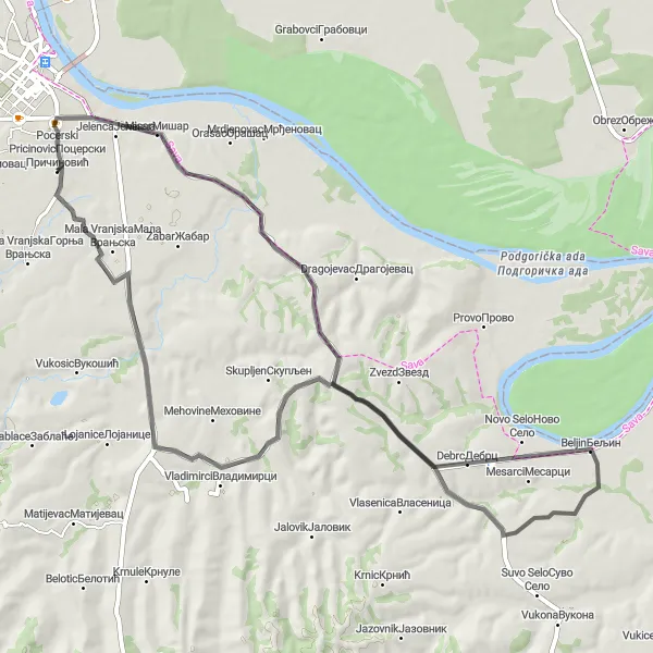 Map miniature of "Pocerski Pricinovic Loop via Orid and Bobovik" cycling inspiration in Region Šumadije i Zapadne Srbije, Serbia. Generated by Tarmacs.app cycling route planner