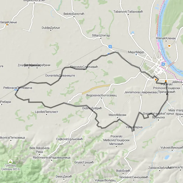 Map miniature of "Varna to Kasarske Livade Cycling Adventure" cycling inspiration in Region Šumadije i Zapadne Srbije, Serbia. Generated by Tarmacs.app cycling route planner