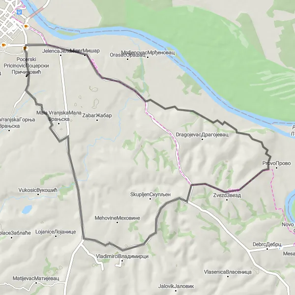 Map miniature of "Exploring Miokus and Zvezd" cycling inspiration in Region Šumadije i Zapadne Srbije, Serbia. Generated by Tarmacs.app cycling route planner